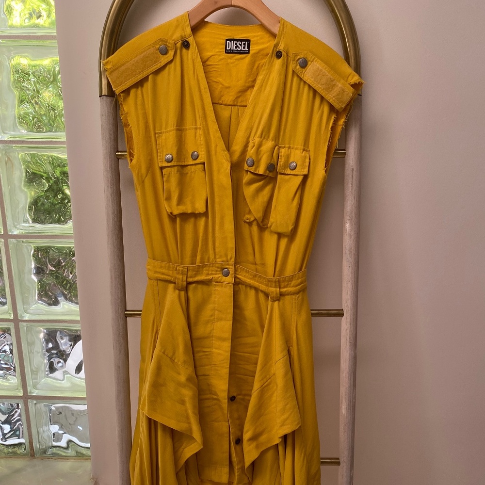 Diesel Mustard Sleeveless D-Giuditta Tie-Front Casual Rocker Dress Size XS Italy - Picture 3 of 16